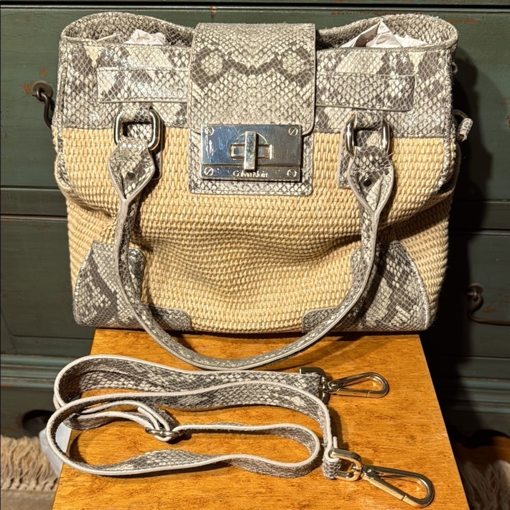 EUC Calvin Klein Tan Straw with Gray Imitation Snake Women's Bag